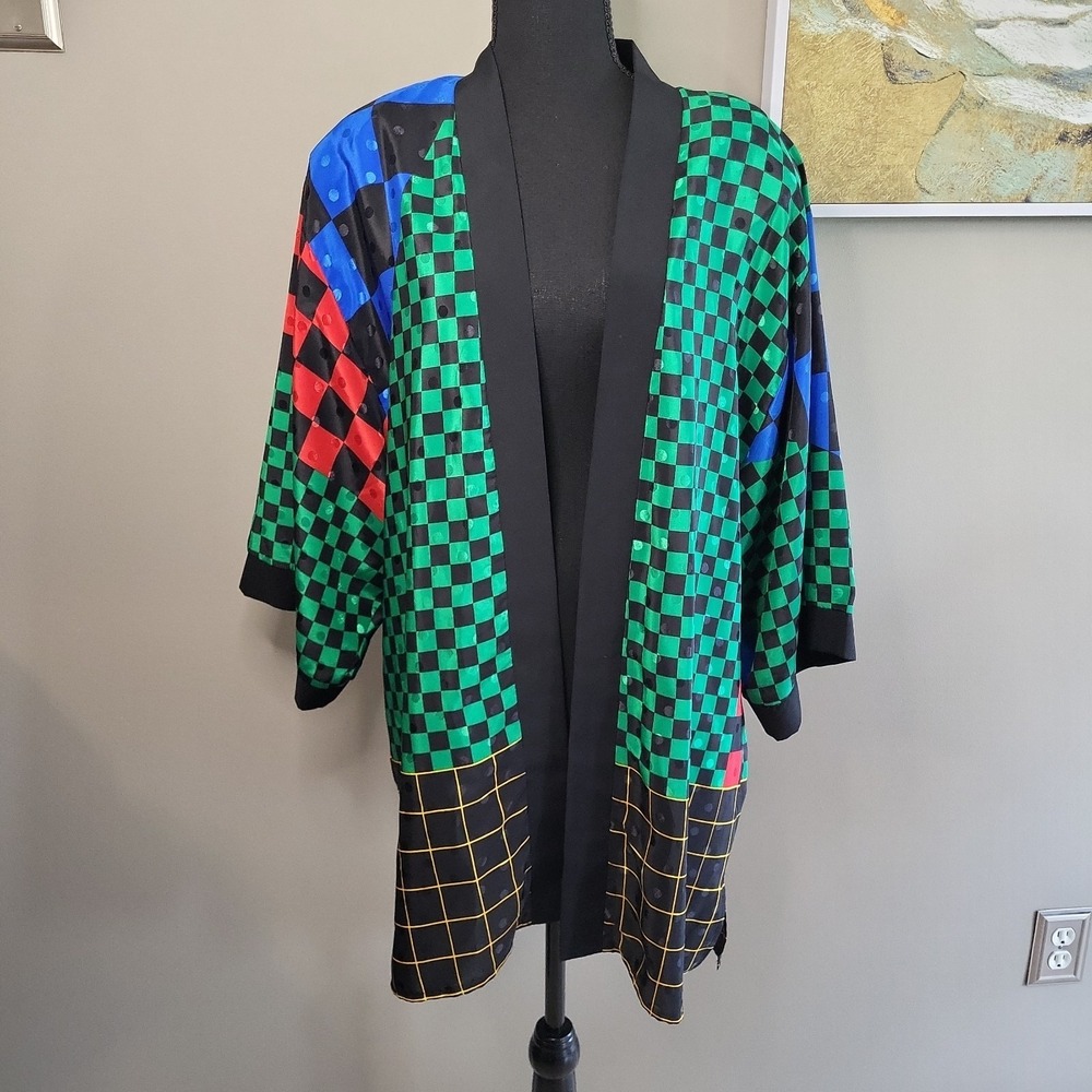 VINTAGE 80s Stephanie Thomas Sport Colorblock Geometric Kimono Art To Wear Sz 16